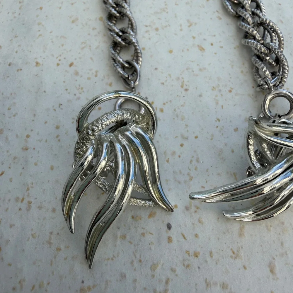 VTG Emmons Silver Tone Feather Leaf Link Clip Earrings & Bracelet Or Dress Clip